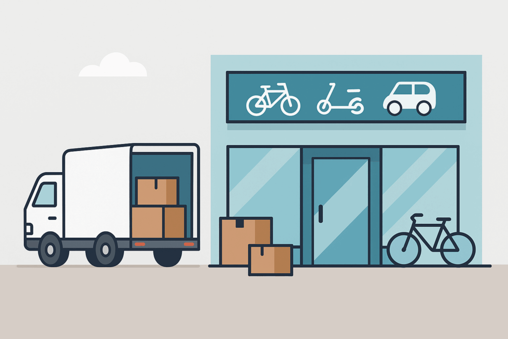 Ein symbolisches Bild für den Umzug in unseren neuen Laden. Man sieht den neuen eBike Laden und einen Umzugswagen, wo Sachen ausgepackt werden