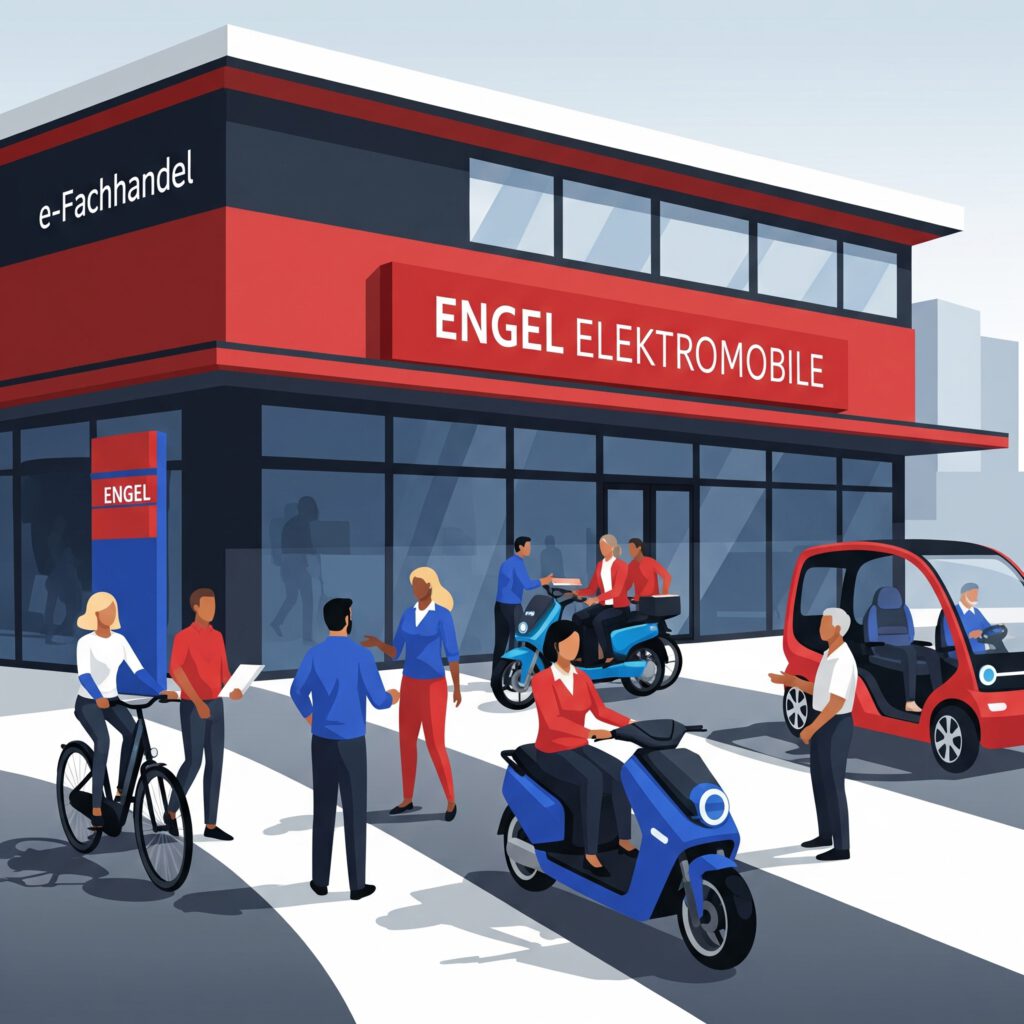 Ein Zukunftskonzept von unserer Firmenzukunft. Man sieht viele Kundinnen und Kunden und viele elektrische Fahrzeuge von uns und wir sind als Zentrum für Elektromobilität bekannt.
