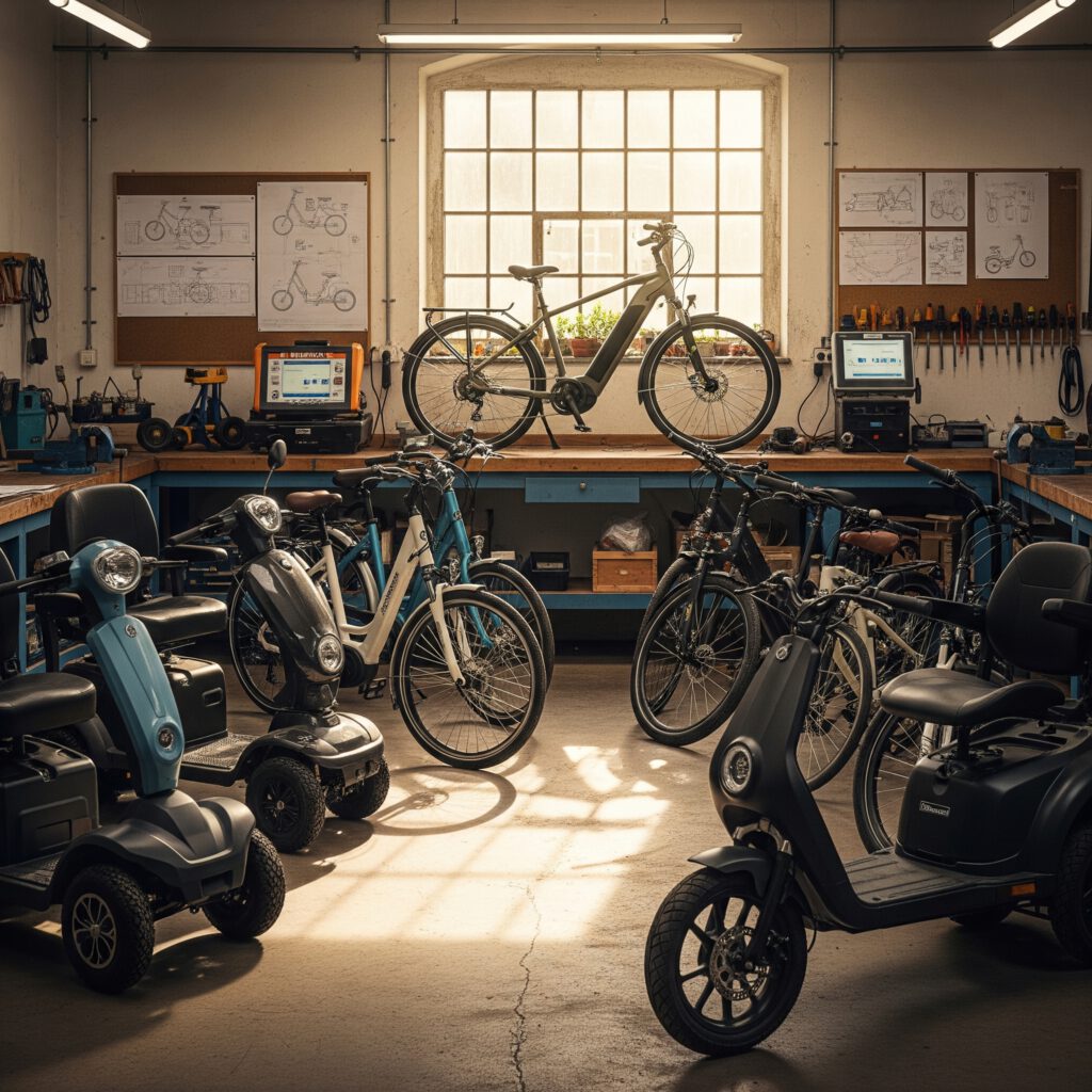 Verschiedene e-Fahrzeuge sind hier zu sehen. eBikes, eMobile und eScooter